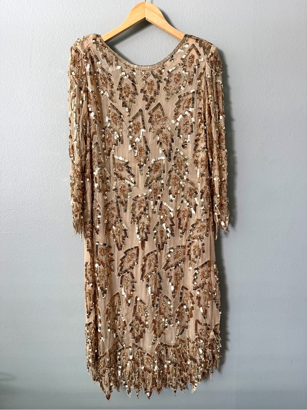 Vintage Scala Attributed 100% Silk Beaded Sequin Cocktail Dress M Champagne Gold